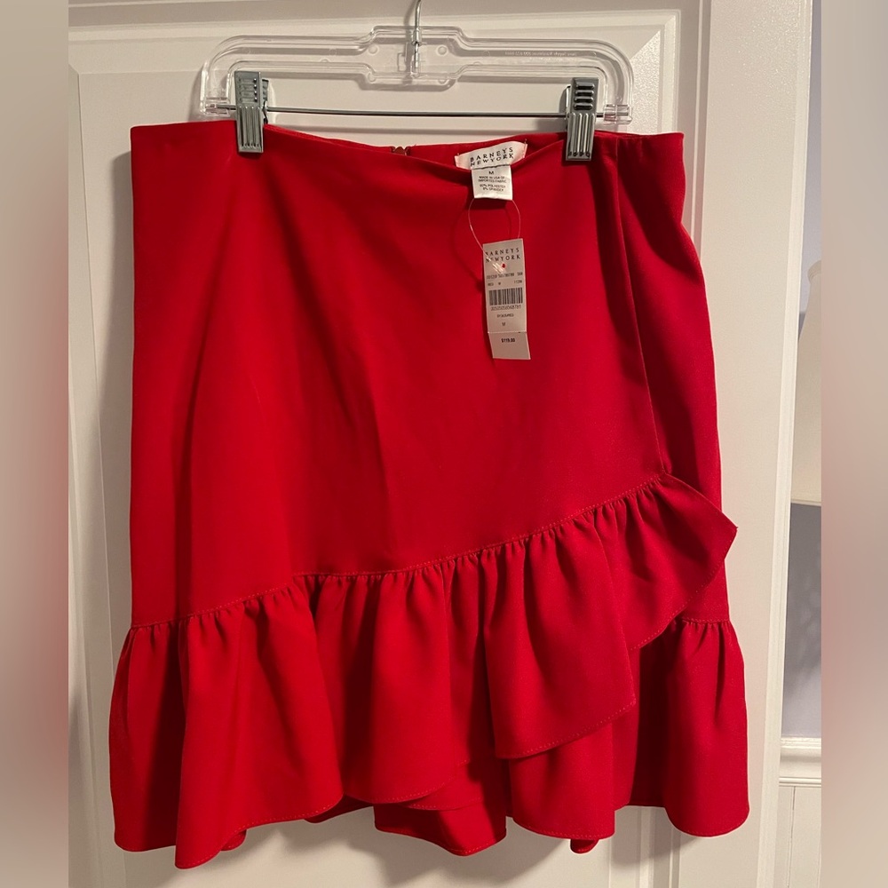 NWT Barneys New York Red Ruffle Skirt Medium Asymmetrical Hem Stretch Mini  $119